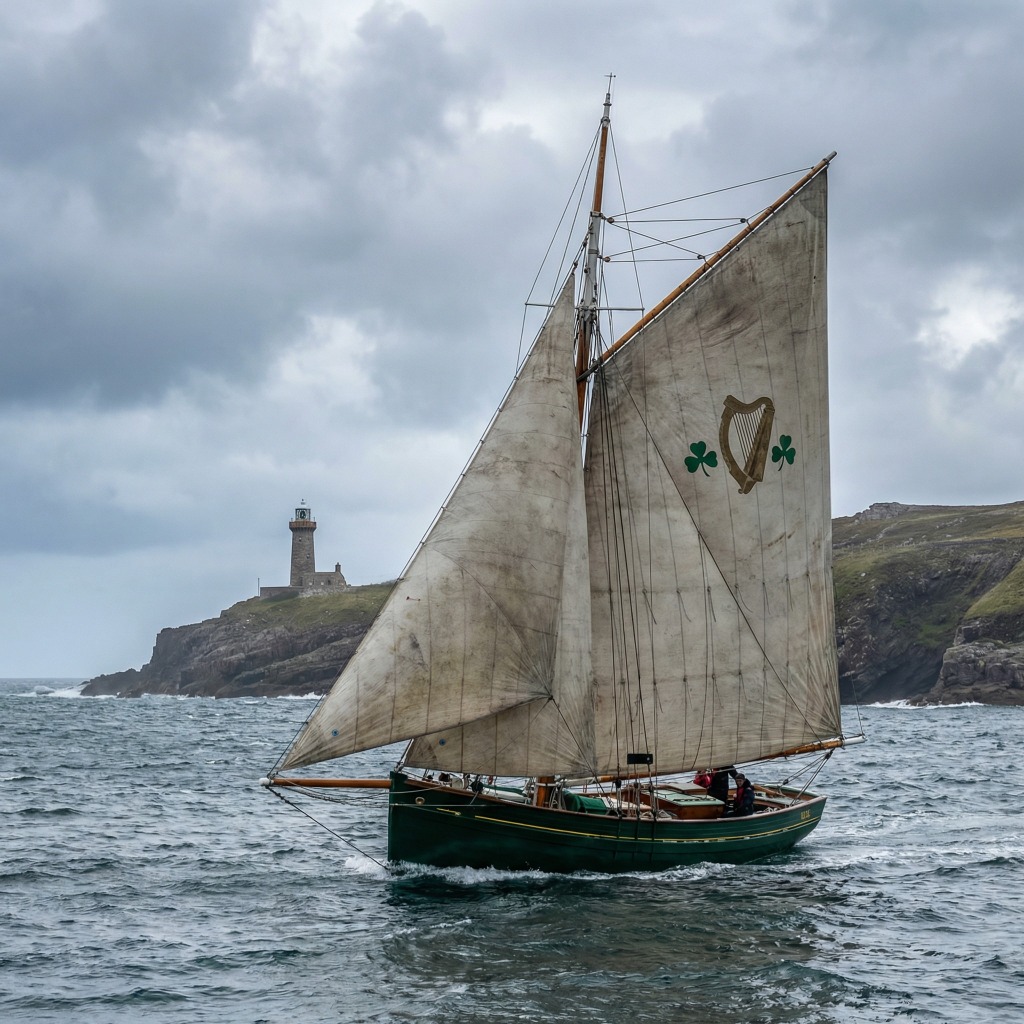 Sailboat on the water with Irish harp on sail